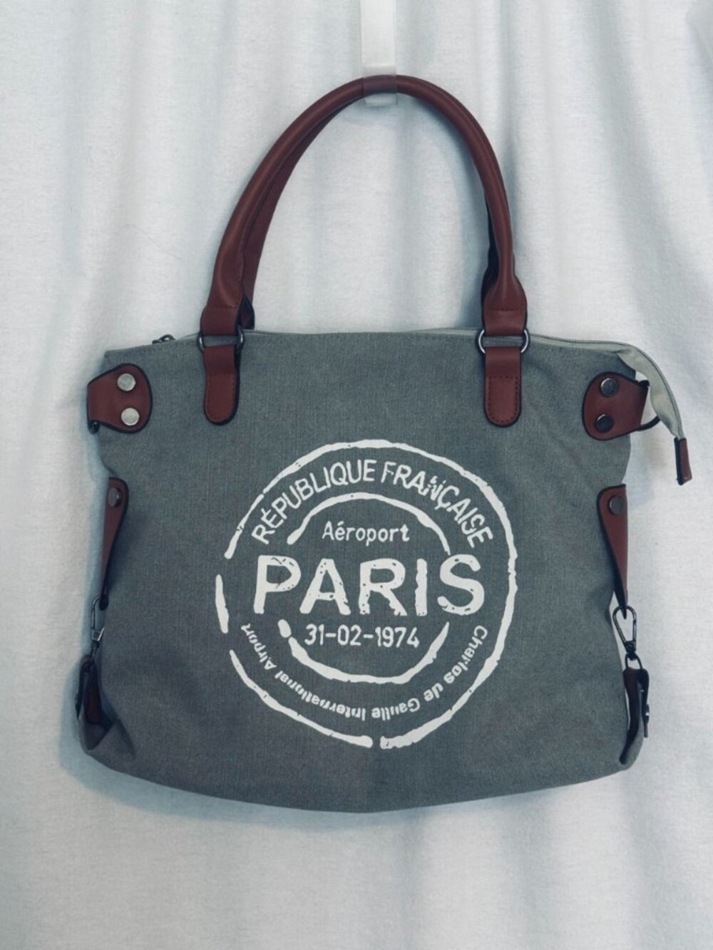PARIS Aeroport Tote Bag. Vintage Inspired Canvas with Faux Leather Handles